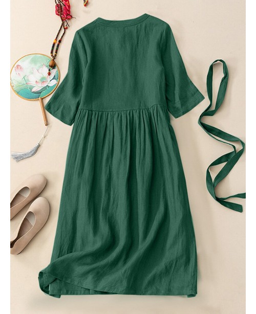 Solid Frog Button Half Sleeve Vintage Dress With B...