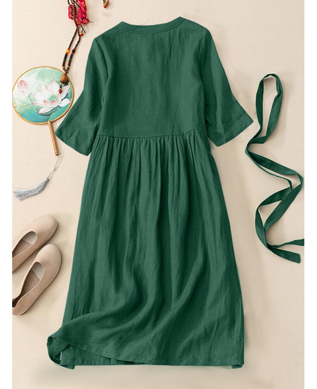 Solid Frog Button Half Sleeve Vintage Dress With Belt - Green S