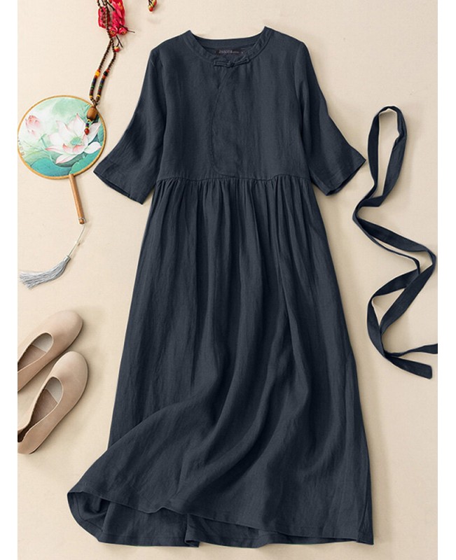 Solid Frog Button Half Sleeve Vintage Dress With Belt - Green S