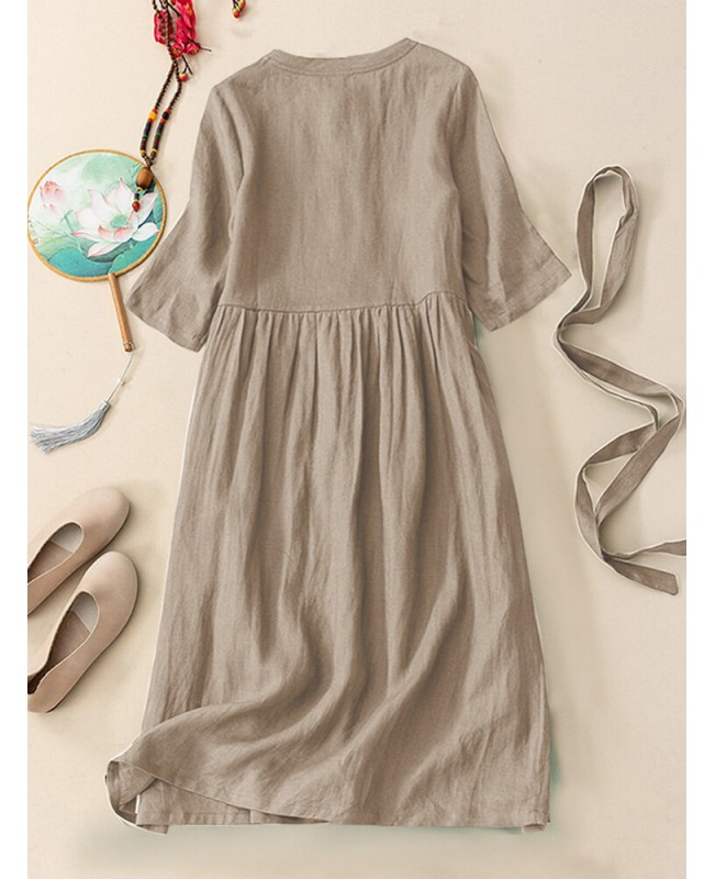 Solid Frog Button Half Sleeve Vintage Dress With Belt - Green S