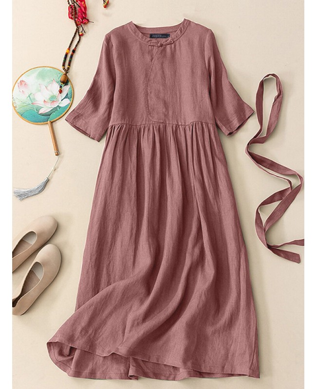 Solid Frog Button Half Sleeve Vintage Dress With Belt - Green S