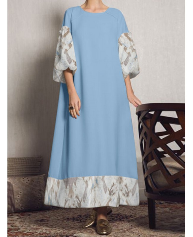 Women Puff Sleeve Spliced Solid Color Pleating Three Quarter Sleeve Full Length Midi Dresses - purple S Women Puff Sleeve Spliced Solid Color Pleating Three Quarter Sleeve Full Length Midi Dresses - purple S