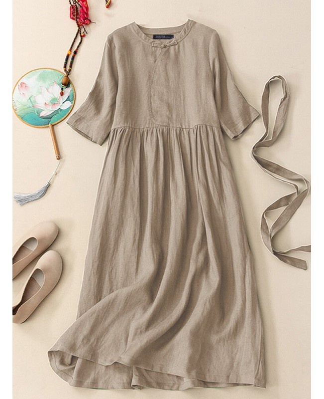 Solid Frog Button Half Sleeve Vintage Dress With Belt - Green S