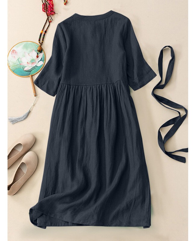 Solid Frog Button Half Sleeve Vintage Dress With Belt - Green S