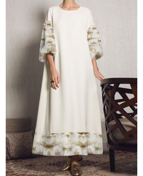 Women Puff Sleeve Spliced Solid Color Pleating Thr... Women Puff Sleeve Spliced Solid Color Pleating Thr...