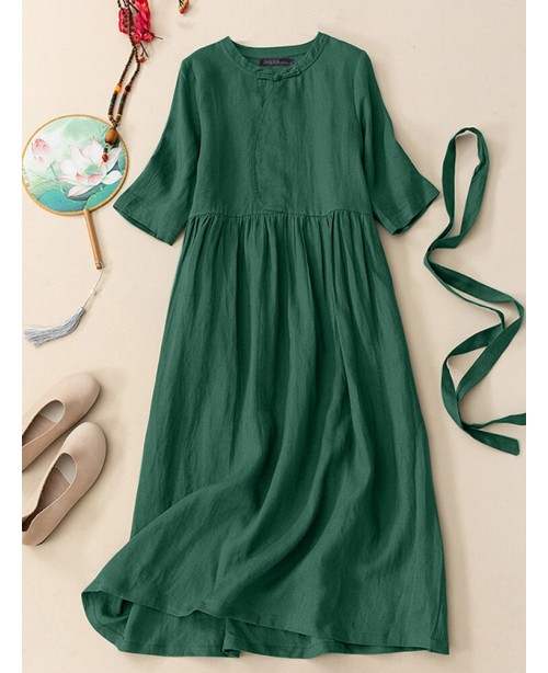 Solid Frog Button Half Sleeve Vintage Dress With B...