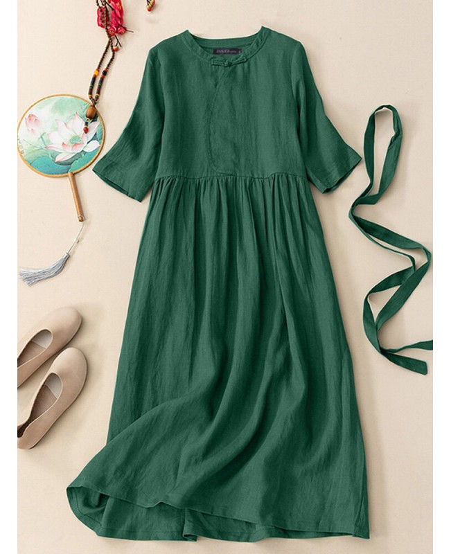 Solid Frog Button Half Sleeve Vintage Dress With Belt - Green S