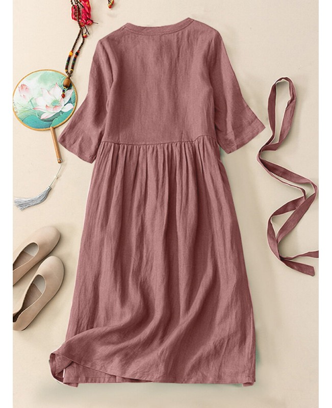 Solid Frog Button Half Sleeve Vintage Dress With Belt - Green S