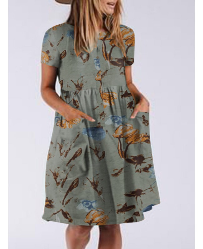 Flower Print Button Pocket Short Sleeve Round Neck Dress - Beige S