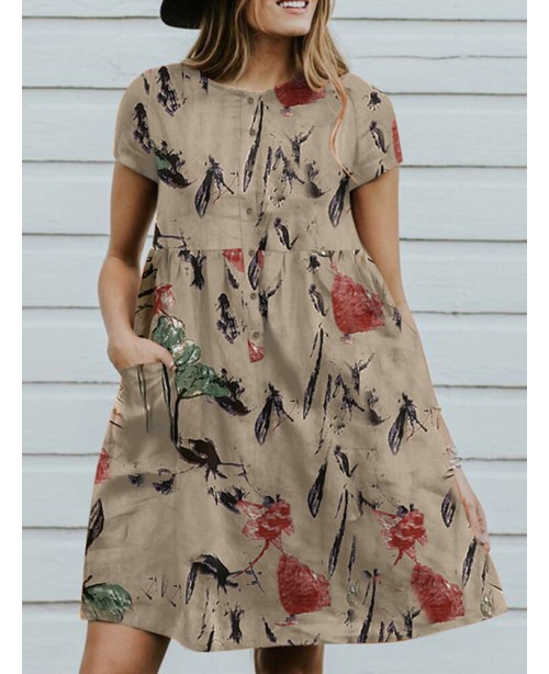 Flower Print Button Pocket Short Sleeve Round Neck...