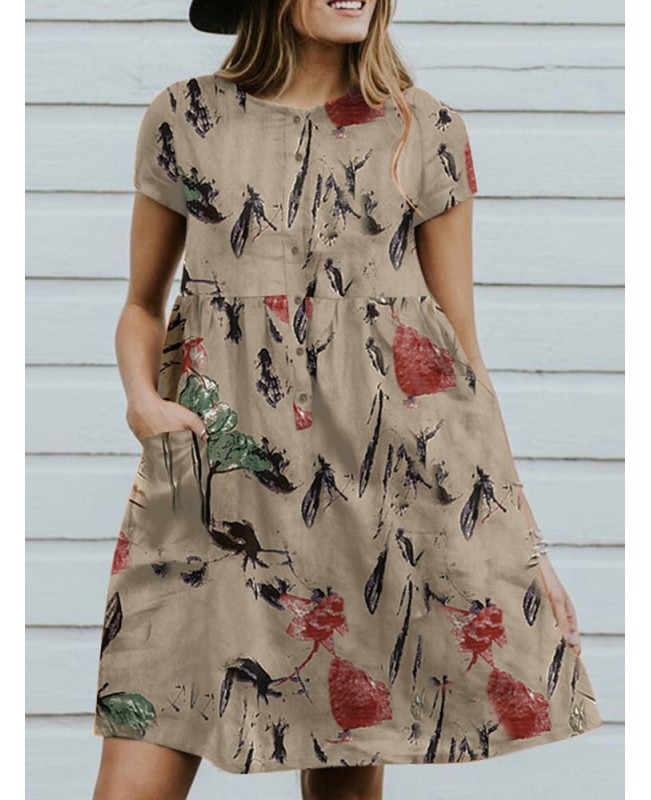 Flower Print Button Pocket Short Sleeve Round Neck Dress - Beige S