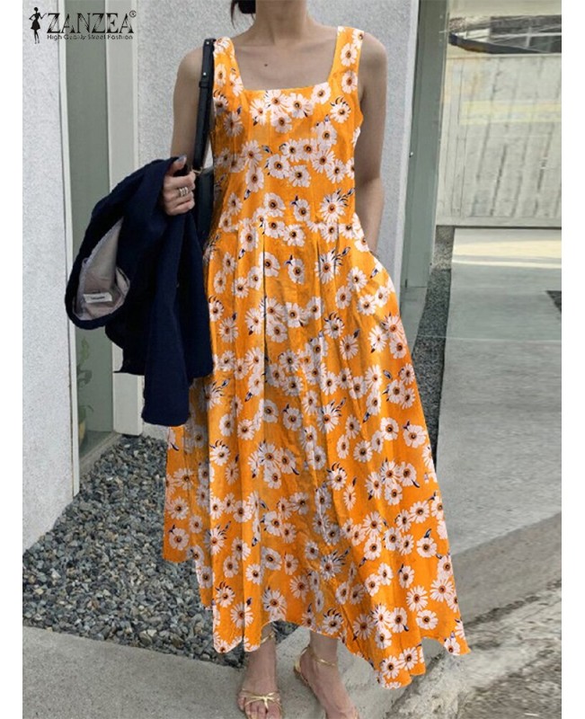 Flower Print Ruched Pocket Square Collar Sleeveless Midi Dress - Yellow XL