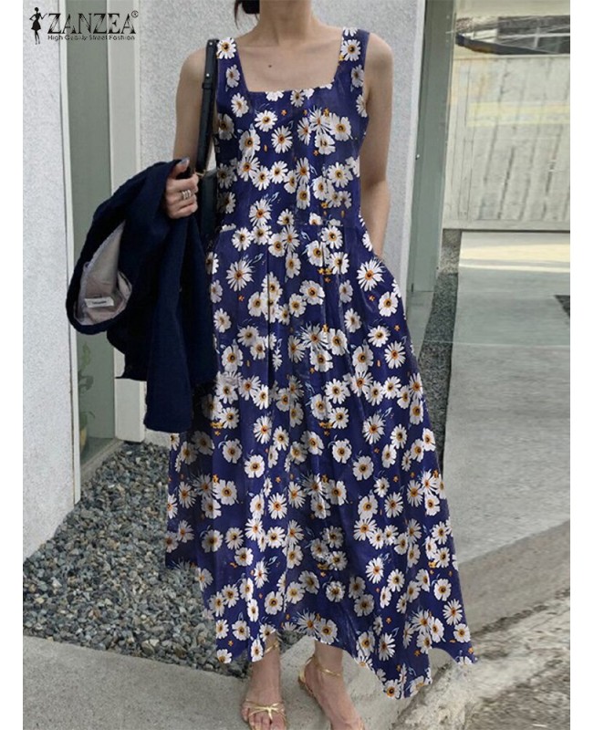 Flower Print Ruched Pocket Square Collar Sleeveless Midi Dress - Yellow XL