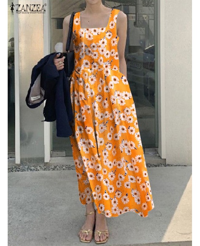 Flower Print Ruched Pocket Square Collar Sleeveless Midi Dress - Yellow XL