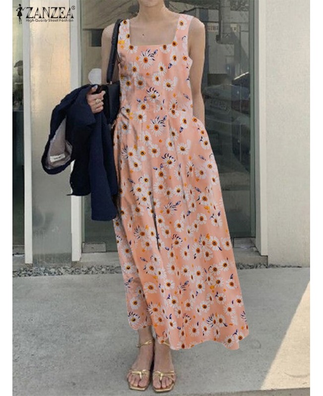 Flower Print Ruched Pocket Square Collar Sleeveless Midi Dress - Yellow XL