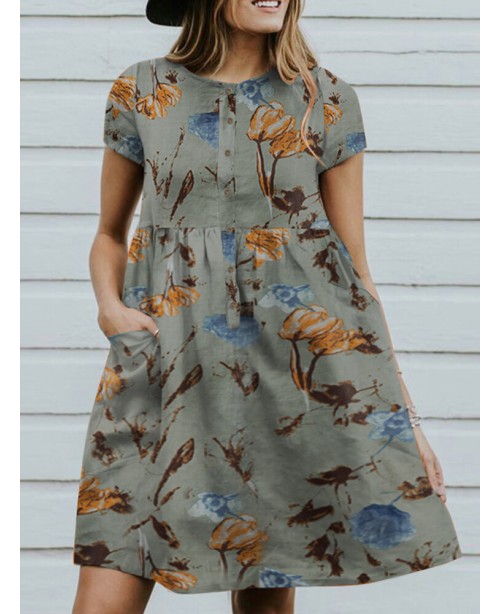 Flower Print Button Pocket Short Sleeve Round Neck...
