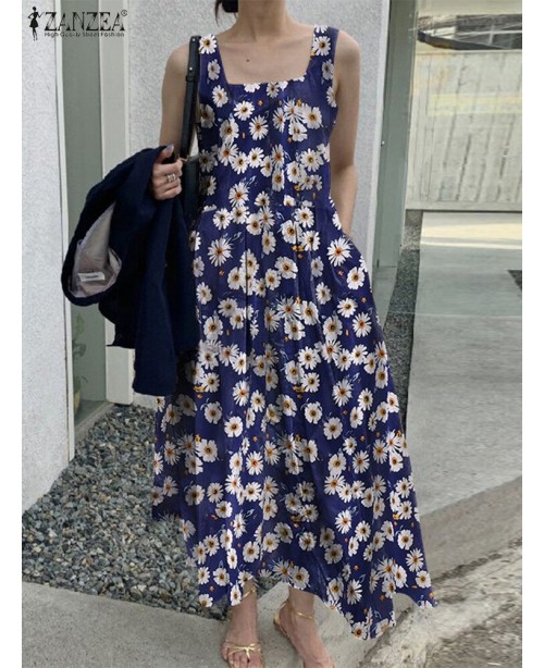 Flower Print Ruched Pocket Square Collar Sleeveles...