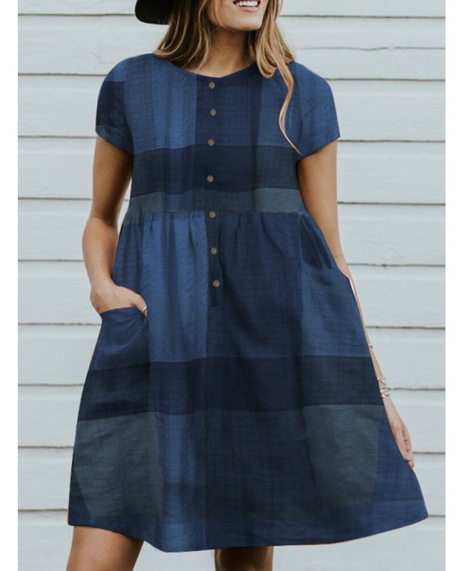 Plaid Color Block Pocket Button Ruched Short Sleeve Midi Dress - Yellow S