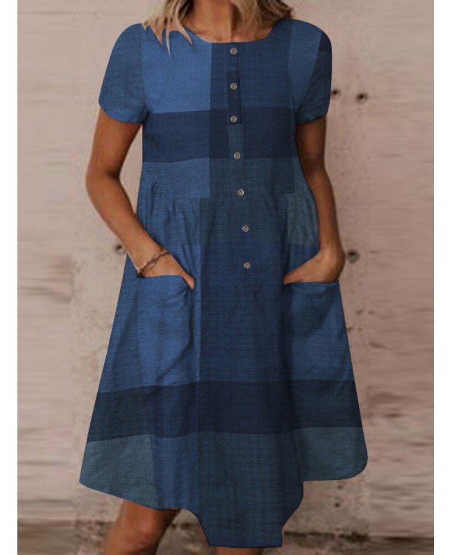 Plaid Color Block Pocket Button Ruched Short Sleeve Midi Dress - Yellow S