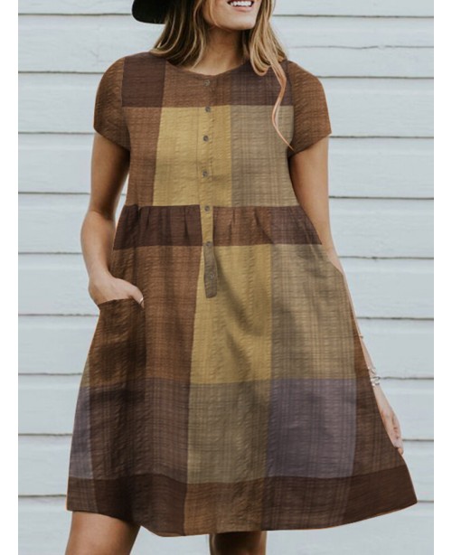 Plaid Color Block Pocket Button Ruched Short Sleev...