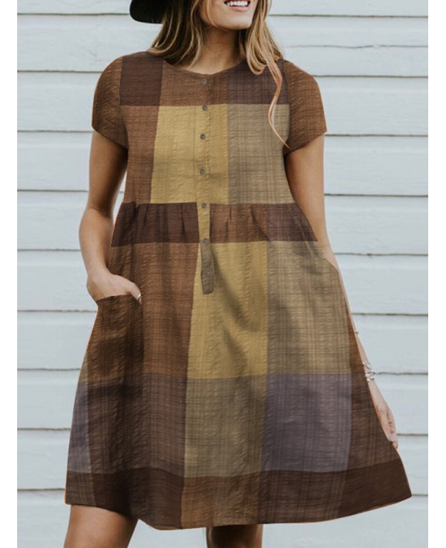 Plaid Color Block Pocket Button Ruched Short Sleeve Midi Dress - Yellow S