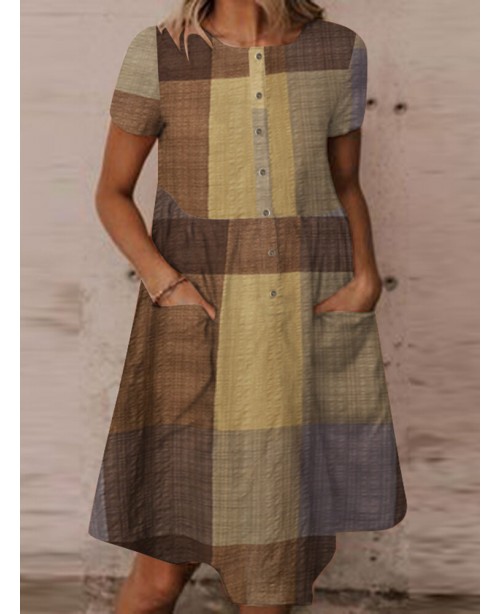 Plaid Color Block Pocket Button Ruched Short Sleev...