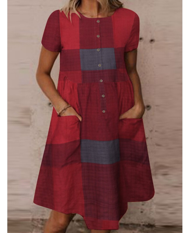 Plaid Color Block Pocket Button Ruched Short Sleeve Midi Dress - Yellow S