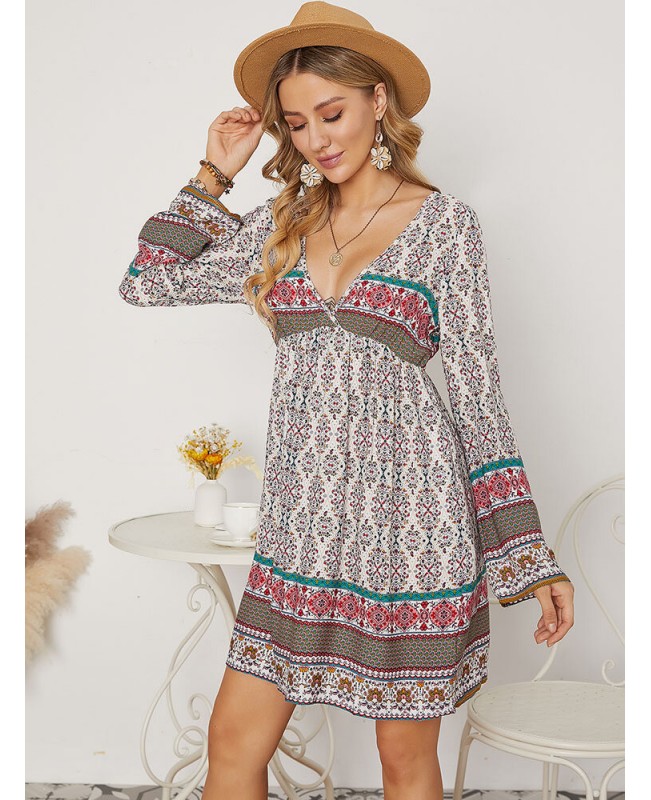 Print Ethnic Pattern Patchwork V Neck Long Sleeve Midi Dress - Green S