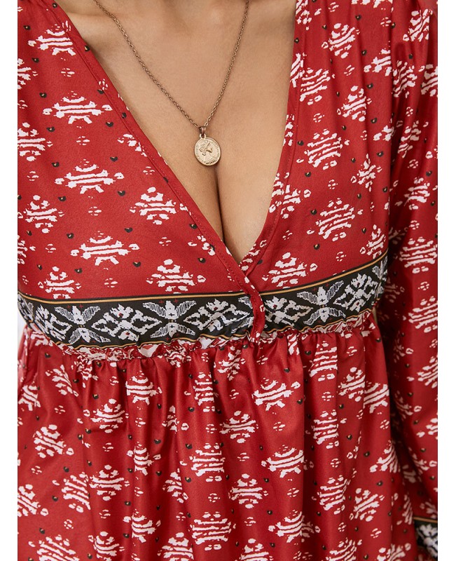 Print Ethnic Pattern Patchwork V Neck Long Sleeve Midi Dress - Green S