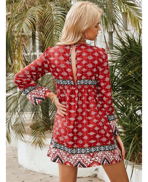 Print Ethnic Pattern Patchwork V Neck Long Sleeve ...