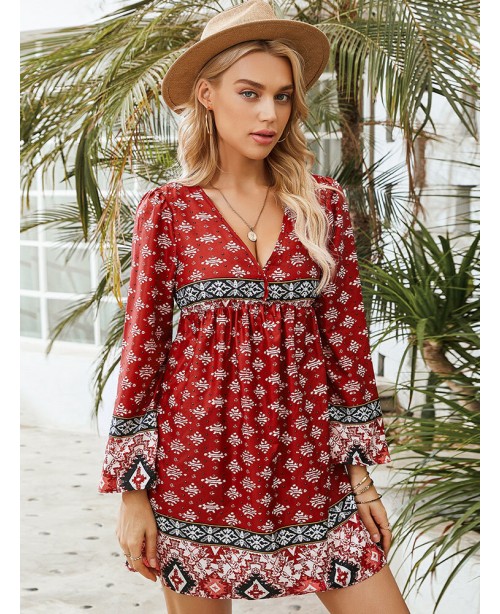 Print Ethnic Pattern Patchwork V Neck Long Sleeve ...