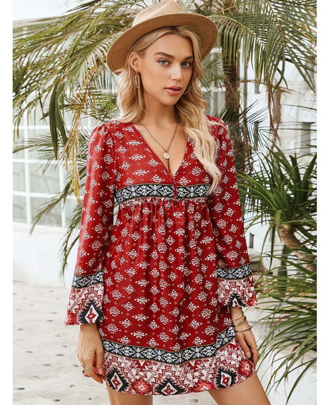 Print Ethnic Pattern Patchwork V Neck Long Sleeve Midi Dress - Green S