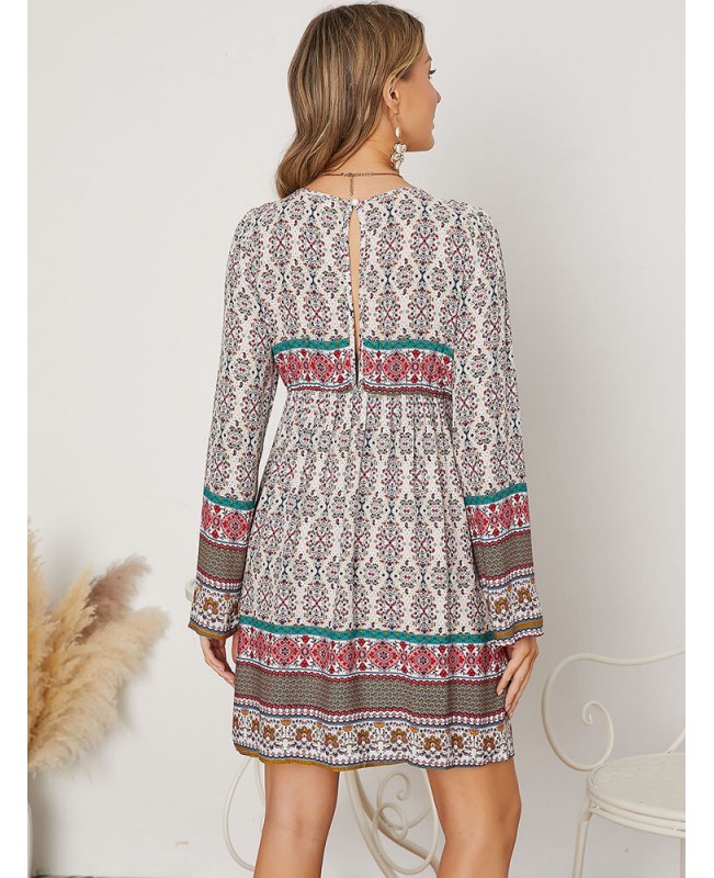 Print Ethnic Pattern Patchwork V Neck Long Sleeve Midi Dress - Green S