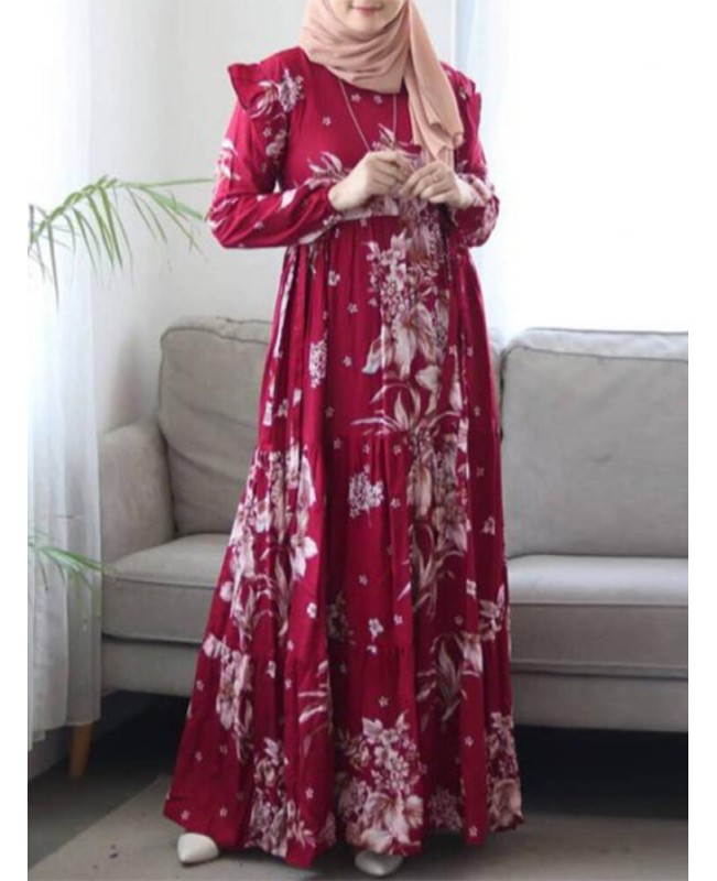 Women Floral Printed Ruffles Decorative Elastic Cuffs Kaftan Tunic Midi Dress - Black 2XL
