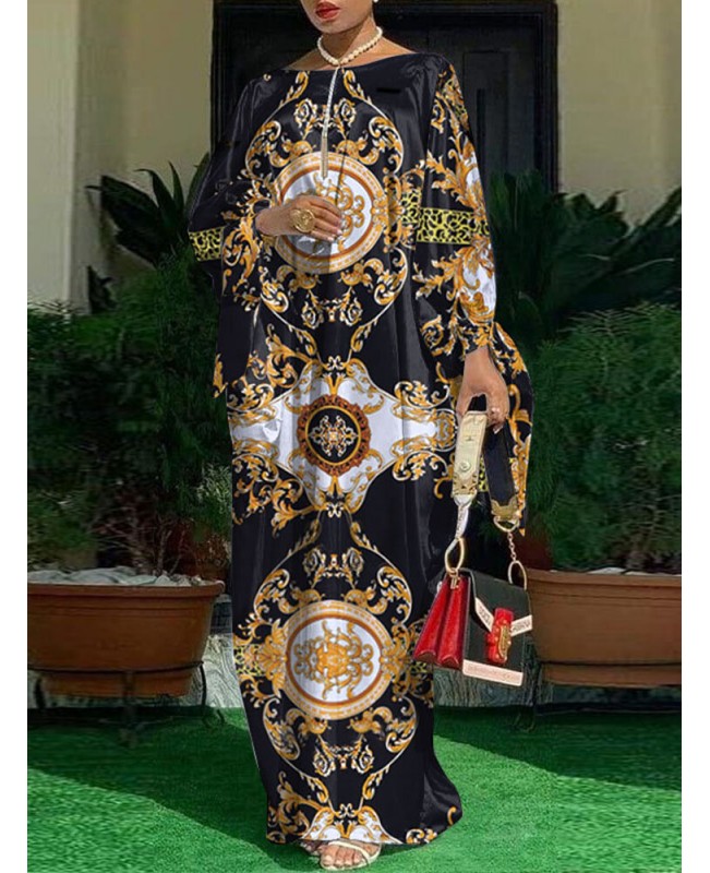 Women Pleats Floral Elegant Special Printing Pattern Long Sleeve Floor Length Plus Size Midi Dresses - Black S Women Pleats Floral Elegant Special Printing Pattern Long Sleeve Floor Length Plus Size Midi Dresses - Black S