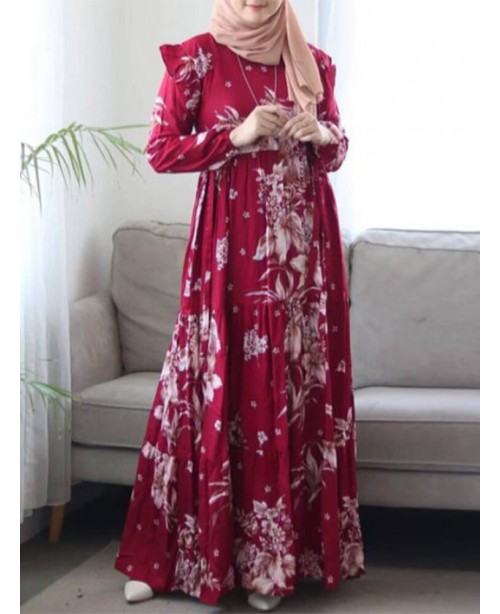 Women Floral Printed Ruffles Decorative Elastic Cu...