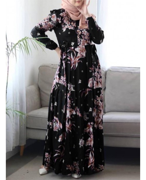 Women Floral Printed Ruffles Decorative Elastic Cu...