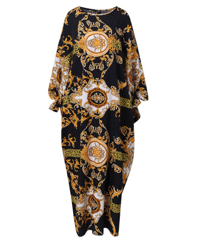 Women Pleats Floral Elegant Special Printing Pattern Long Sleeve Floor Length Plus Size Midi Dresses - Black S Women Pleats Floral Elegant Special Printing Pattern Long Sleeve Floor Length Plus Size Midi Dresses - Black S