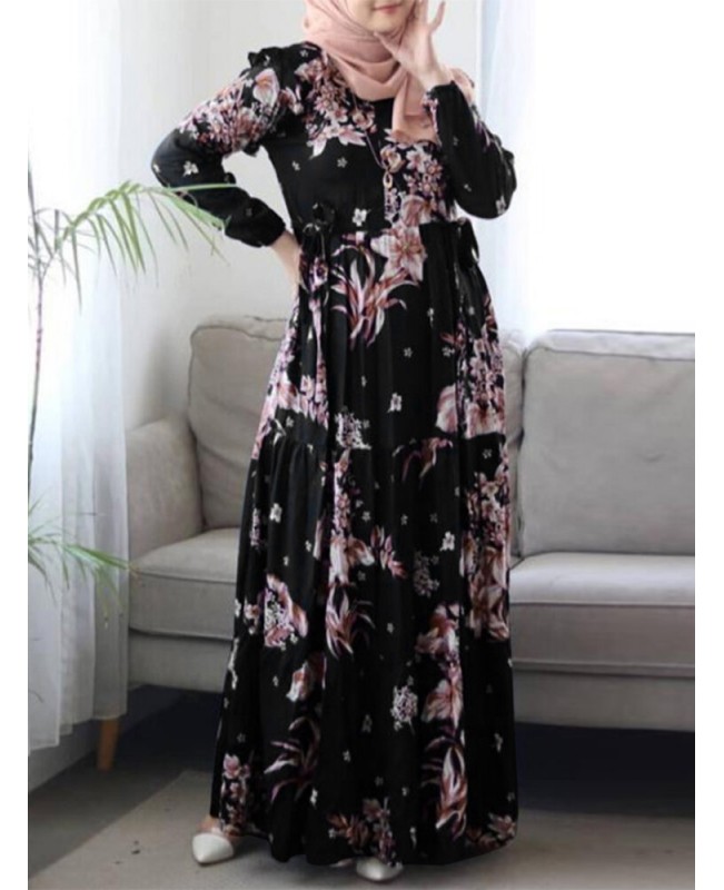 Women Floral Printed Ruffles Decorative Elastic Cuffs Kaftan Tunic Midi Dress - Black 2XL