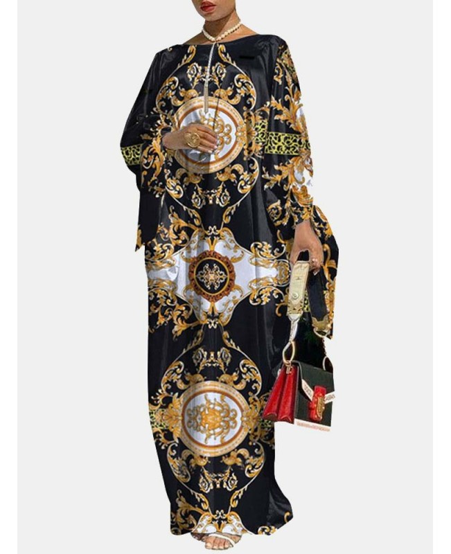 Women Pleats Floral Elegant Special Printing Pattern Long Sleeve Floor Length Plus Size Midi Dresses - Black S Women Pleats Floral Elegant Special Printing Pattern Long Sleeve Floor Length Plus Size Midi Dresses - Black S