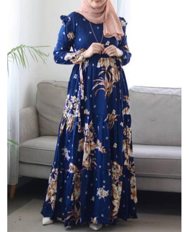 Women Floral Printed Ruffles Decorative Elastic Cuffs Kaftan Tunic Midi Dress - Black 2XL