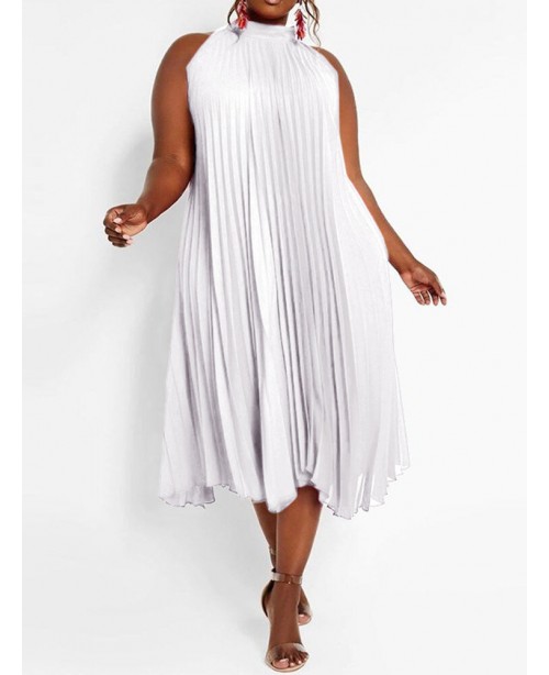 Solid Holiday Sleeveless Pleating Plus Size Dress ...