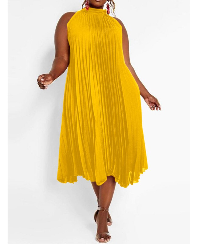 Solid Holiday Sleeveless Pleating Plus Size Dress for Women - Black S