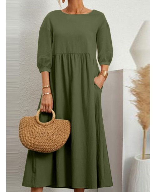 Solid Pocket 3/4 Sleeve Crew Neck Vintage Dress - ...
