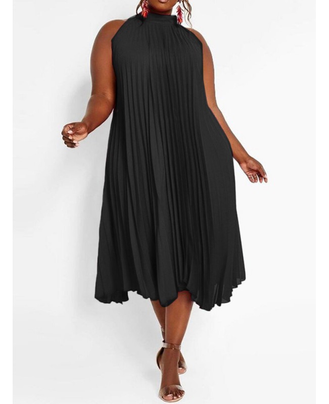 Solid Holiday Sleeveless Pleating Plus Size Dress for Women - Black S