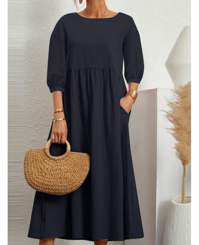 Solid Pocket 3/4 Sleeve Crew Neck Vintage Dress - Dark Blue S