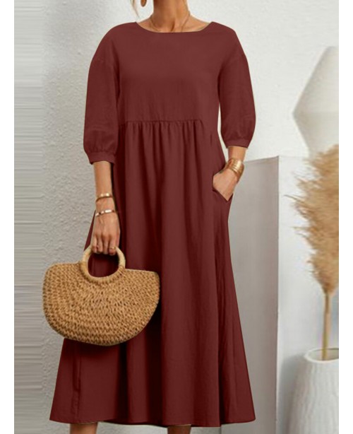Solid Pocket 3/4 Sleeve Crew Neck Vintage Dress - ...