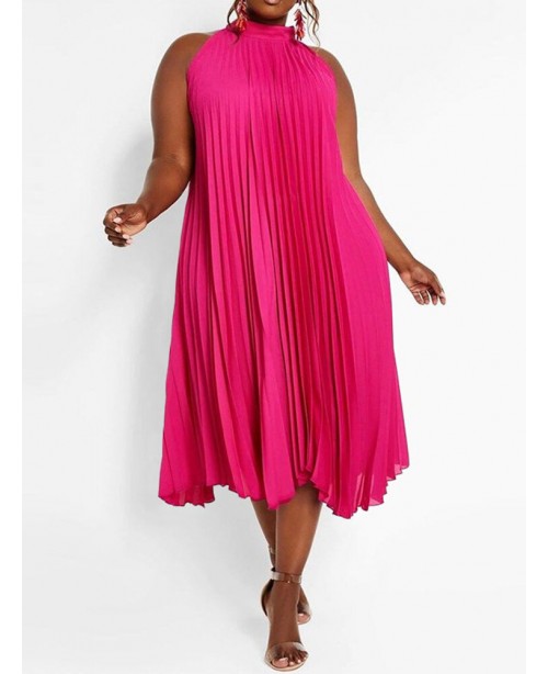 Solid Holiday Sleeveless Pleating Plus Size Dress ...