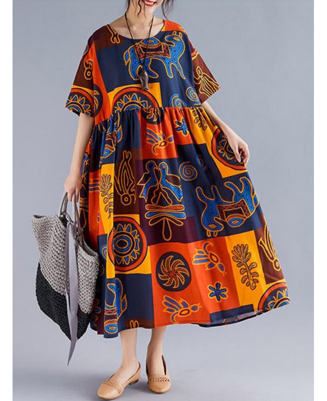 Women Retro Folk Style Print Loose O-Neck Short Sleeve Dress - Orange 008 Women Retro Folk Style Print Loose O-Neck Short Sleeve Dress - Orange 008