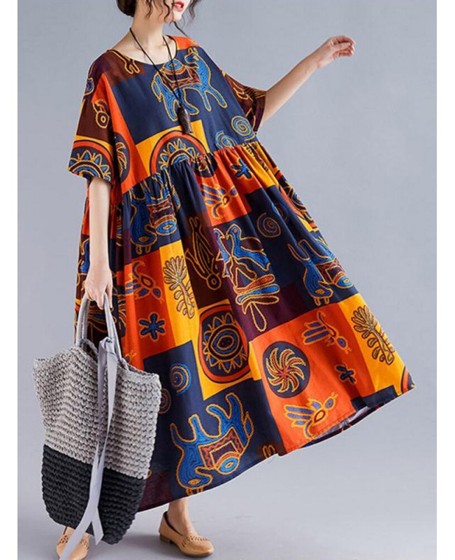 Women Retro Folk Style Print Loose O-Neck Short Sleeve Dress - Orange 008 Women Retro Folk Style Print Loose O-Neck Short Sleeve Dress - Orange 008